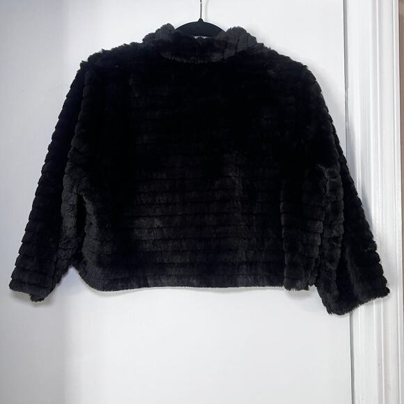 ELLE  Faux Fur Cropped Jacket L Open Front Evening Party cocktail Winter Coat - Picture 2 of 5